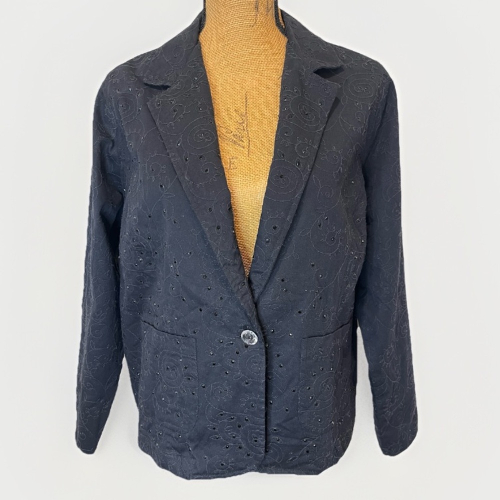 Studio Works Embroidered Sequined Denim Blazer Jacket Black Size 1X